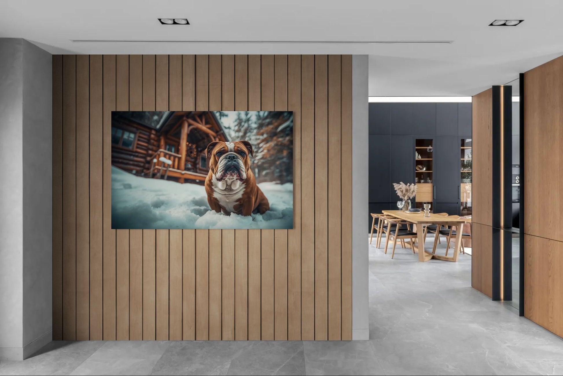 English Bulldog winter cabin canvas wall art displayed on modern wood panel wall interior