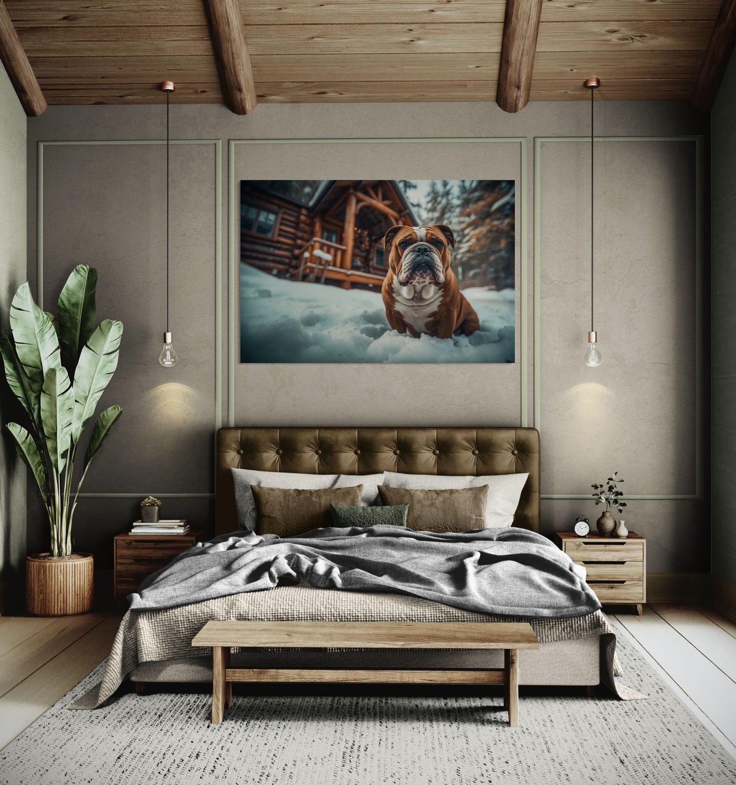 English Bulldog winter cabin canvas art displayed above bed in cozy bedroom interior