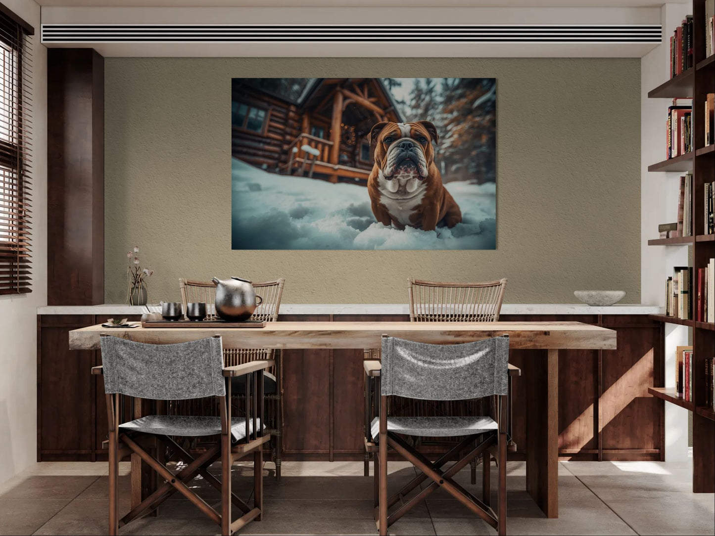English Bulldog winter cabin canvas wall art displayed in warm-toned dining room interior