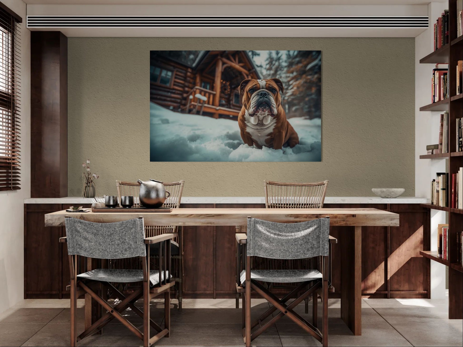 English Bulldog winter cabin canvas wall art displayed in warm-toned dining room interior