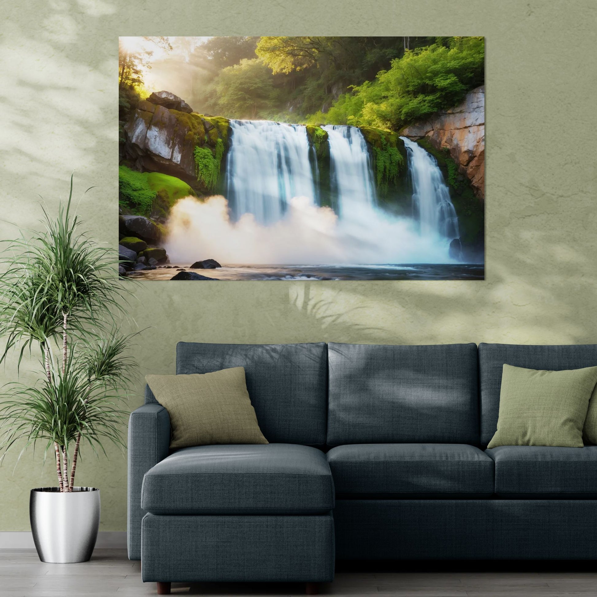 Forest waterfall art displayed in a living room with a blue sofa and tropical plant decor