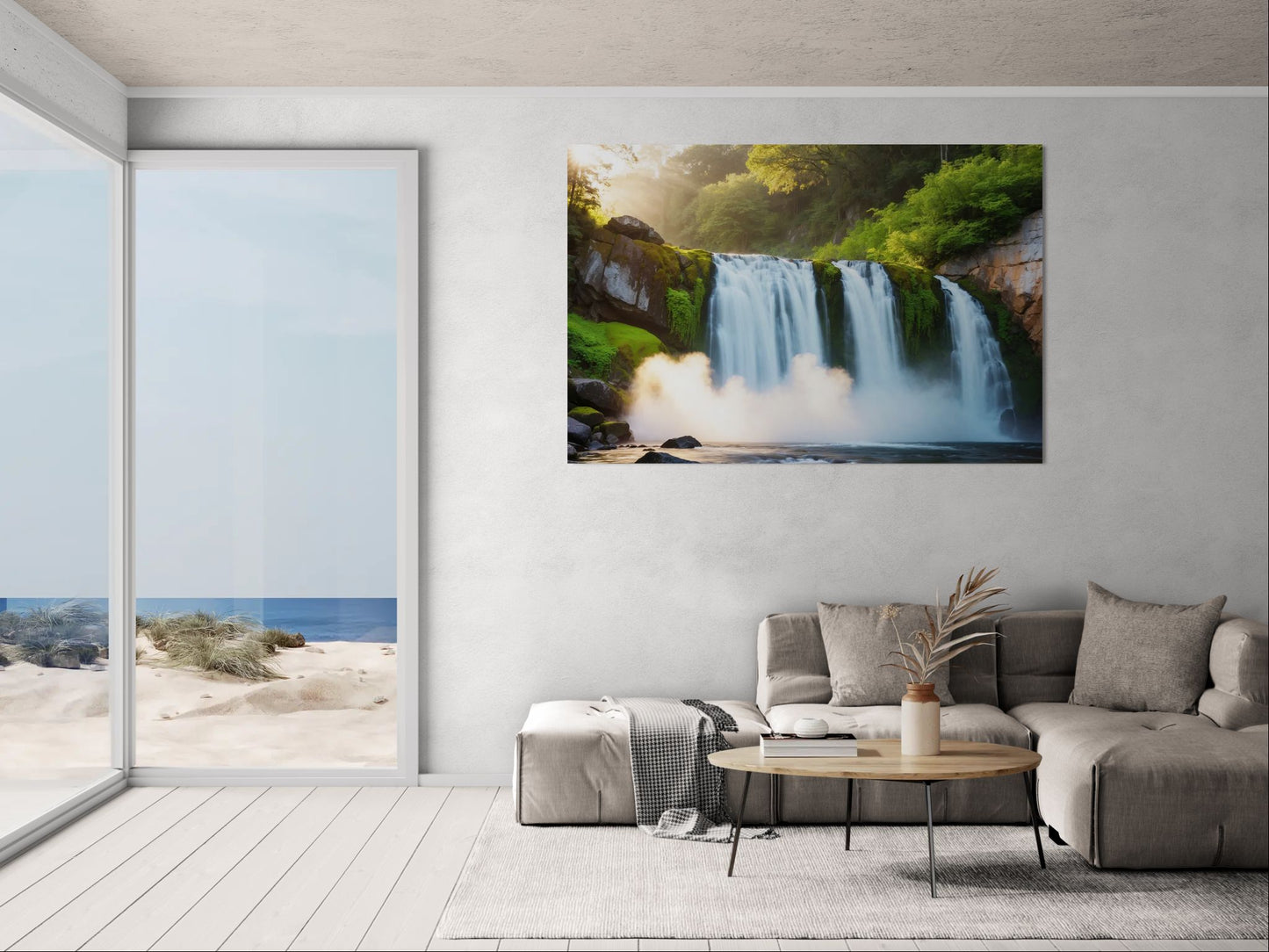 Forest waterfall art in a modern living room with grey sofa and round wooden table