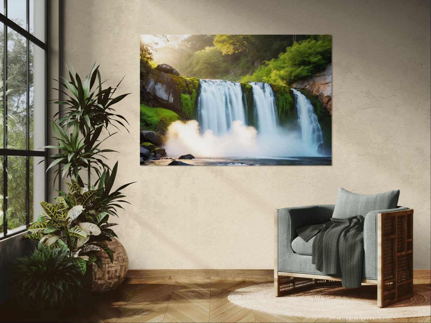 Forest waterfall wall art hanging in a sun room with large plants and natural light