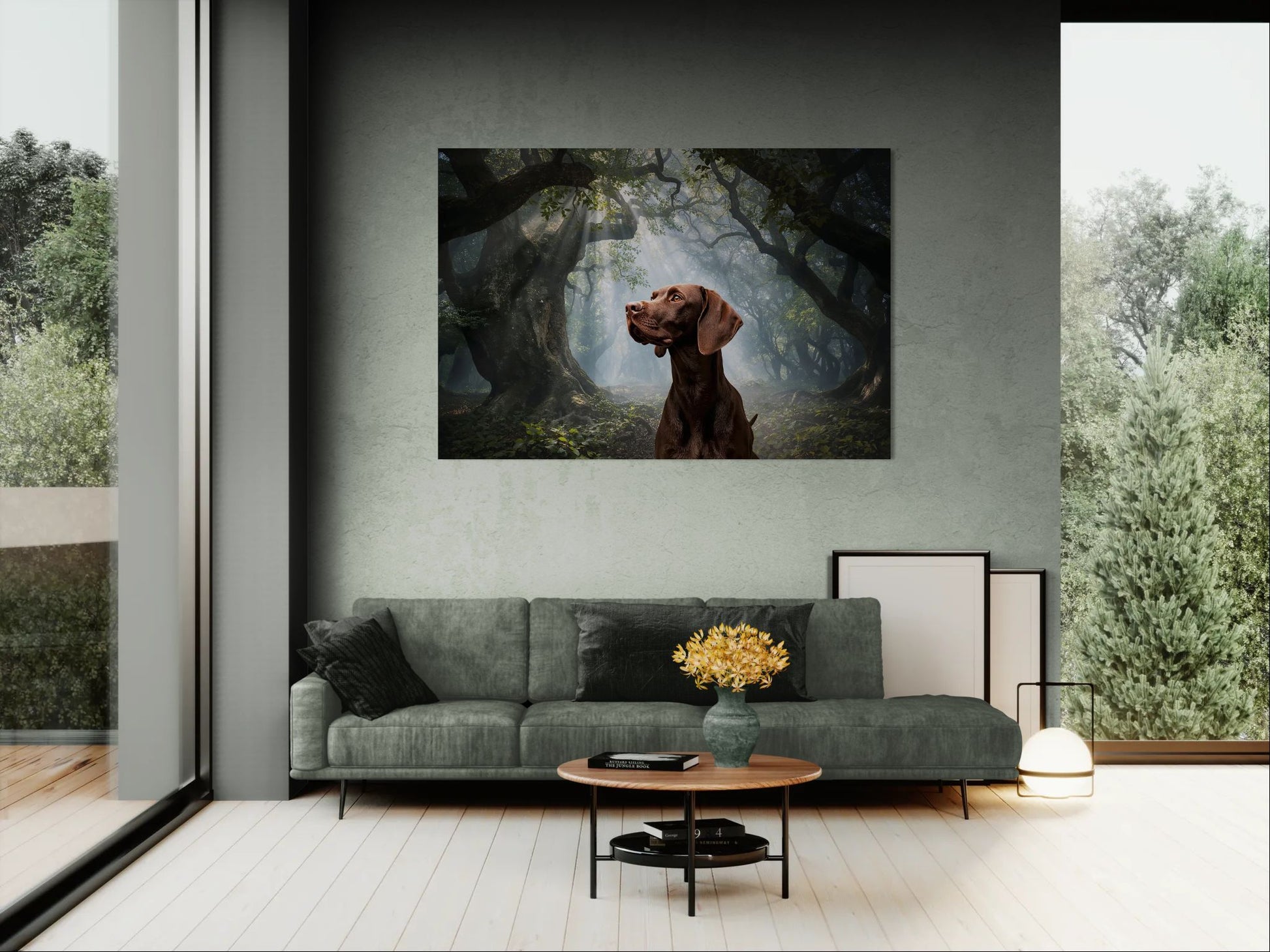 German Shepherd Pointer dog portrait wall art in mystical forest, displayed in modern living room with gray sofa and large window.