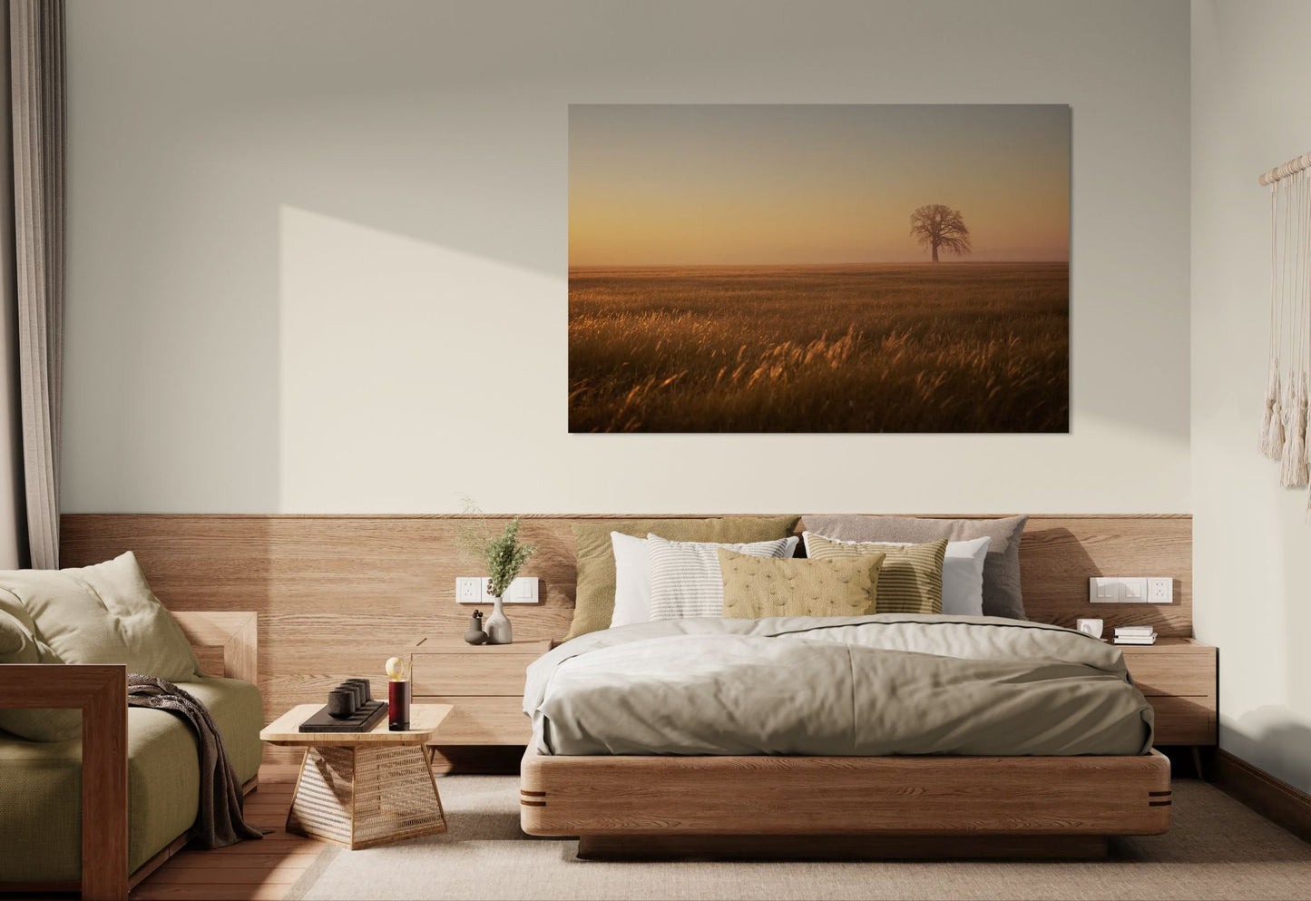Golden field wall art above bed in warm minimalist bedroom interior with neutral tones and natural wood accents