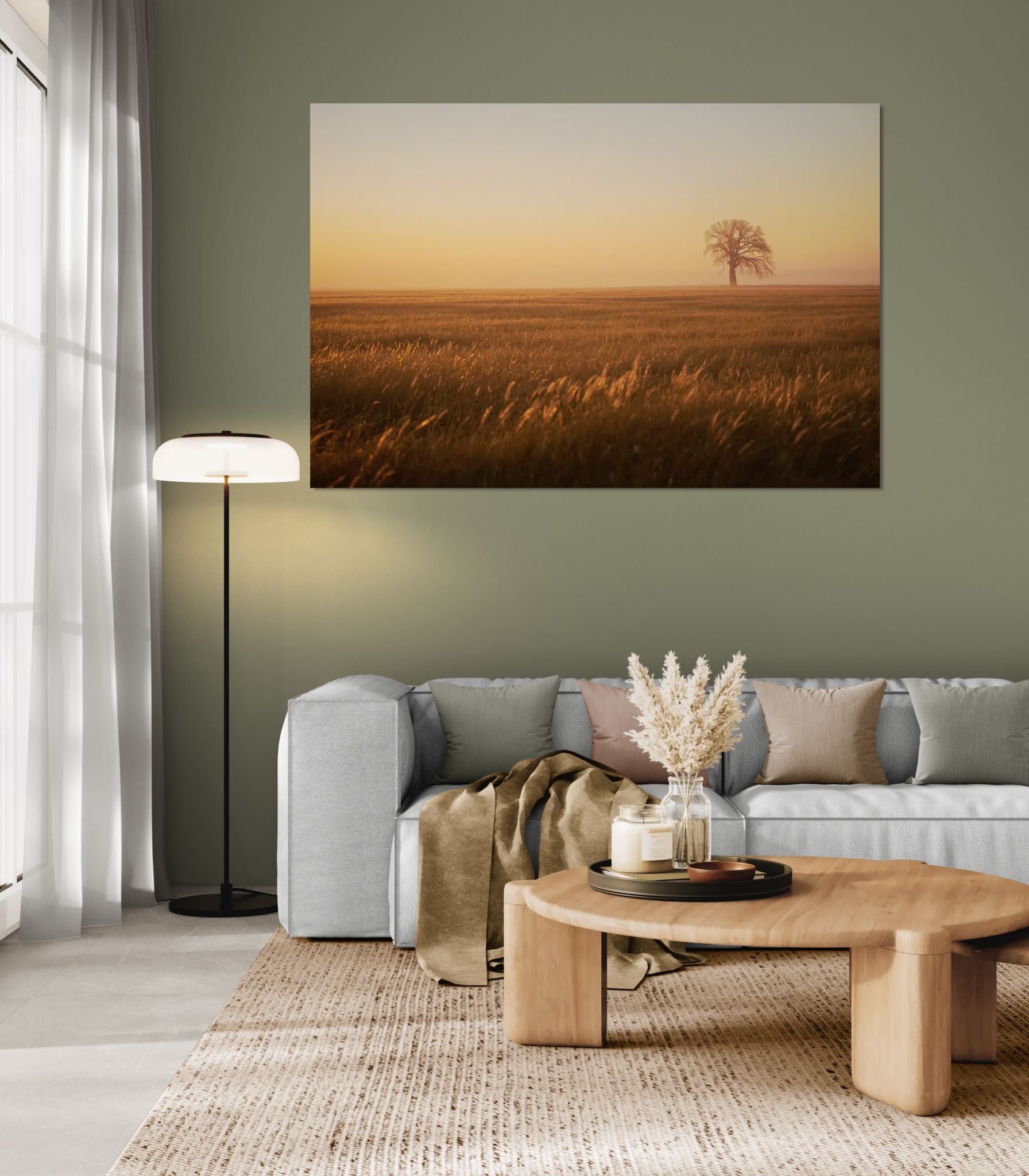 Golden field wall at in modern living room with soft neutral tones, light grey sofa, wooden coffee table, and warm cozy atmosphere