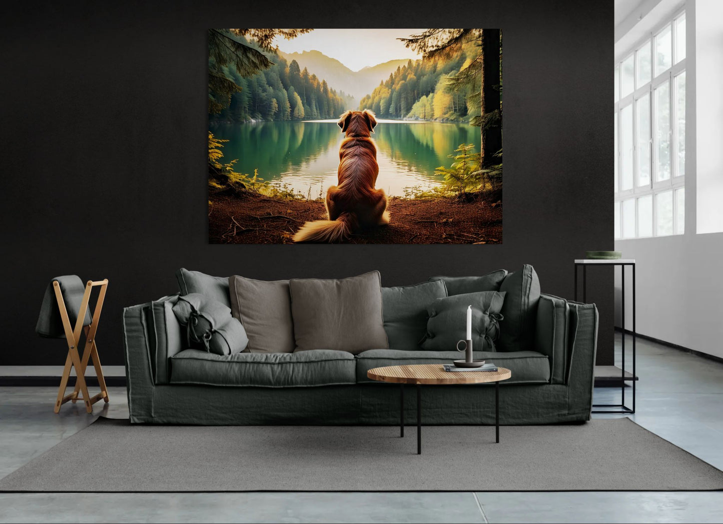 Golden retriever wall art showing a dog gazing at a lake, displayed in a modern industrial style living room with dark walls and sofa.