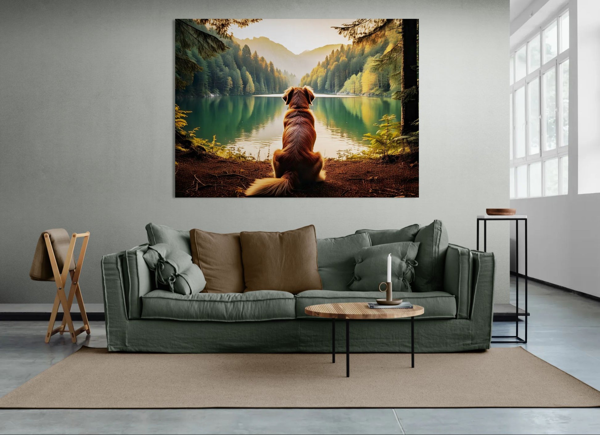 Golden retriever wall art showing a dog gazing at a lake, displayed in a modern industrial style living room with white walls and green sofa.