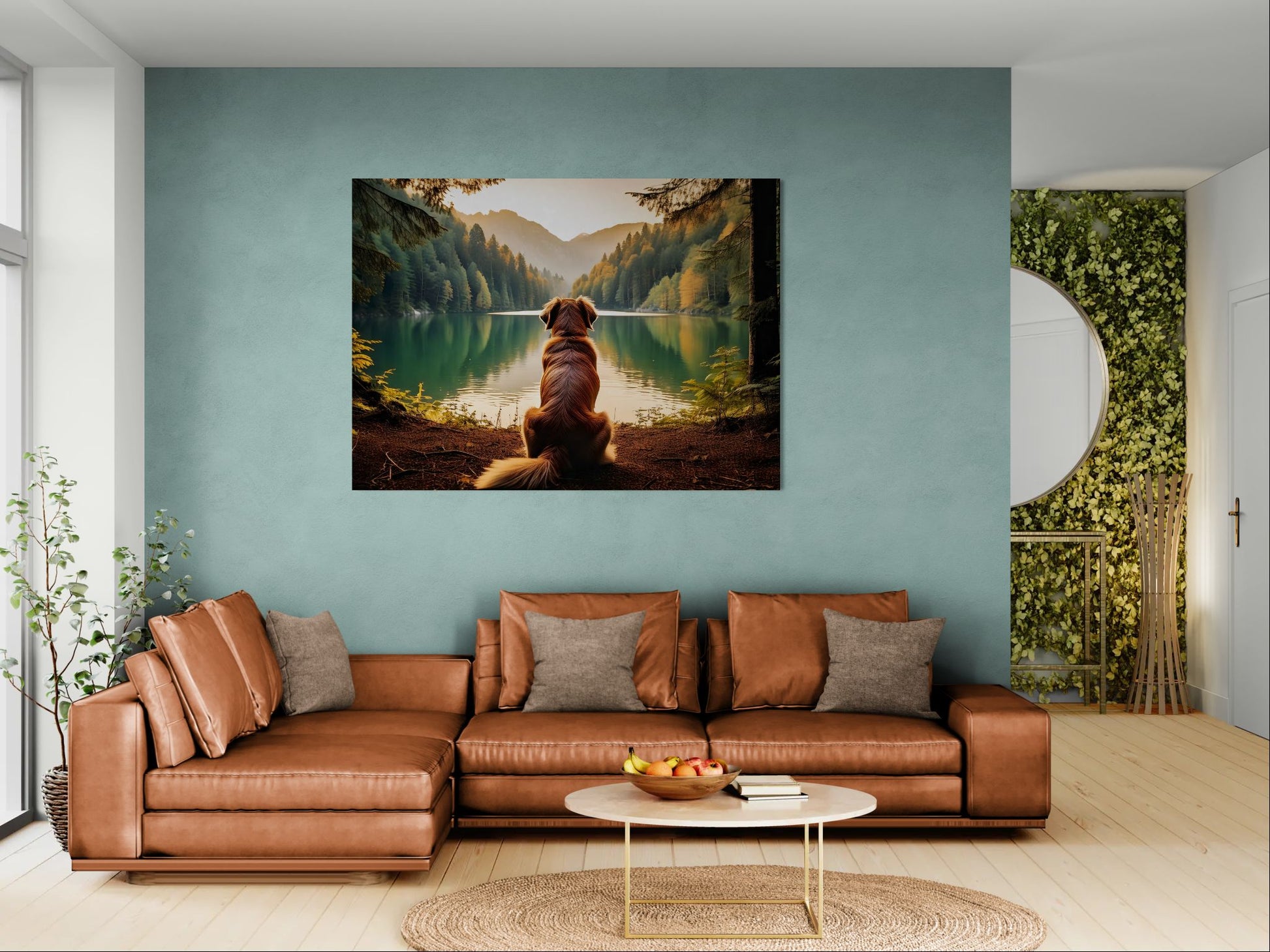 Golden retriever wall art showing a dog gazing at a forest lake, displayed in a modern living room interior above a sofa