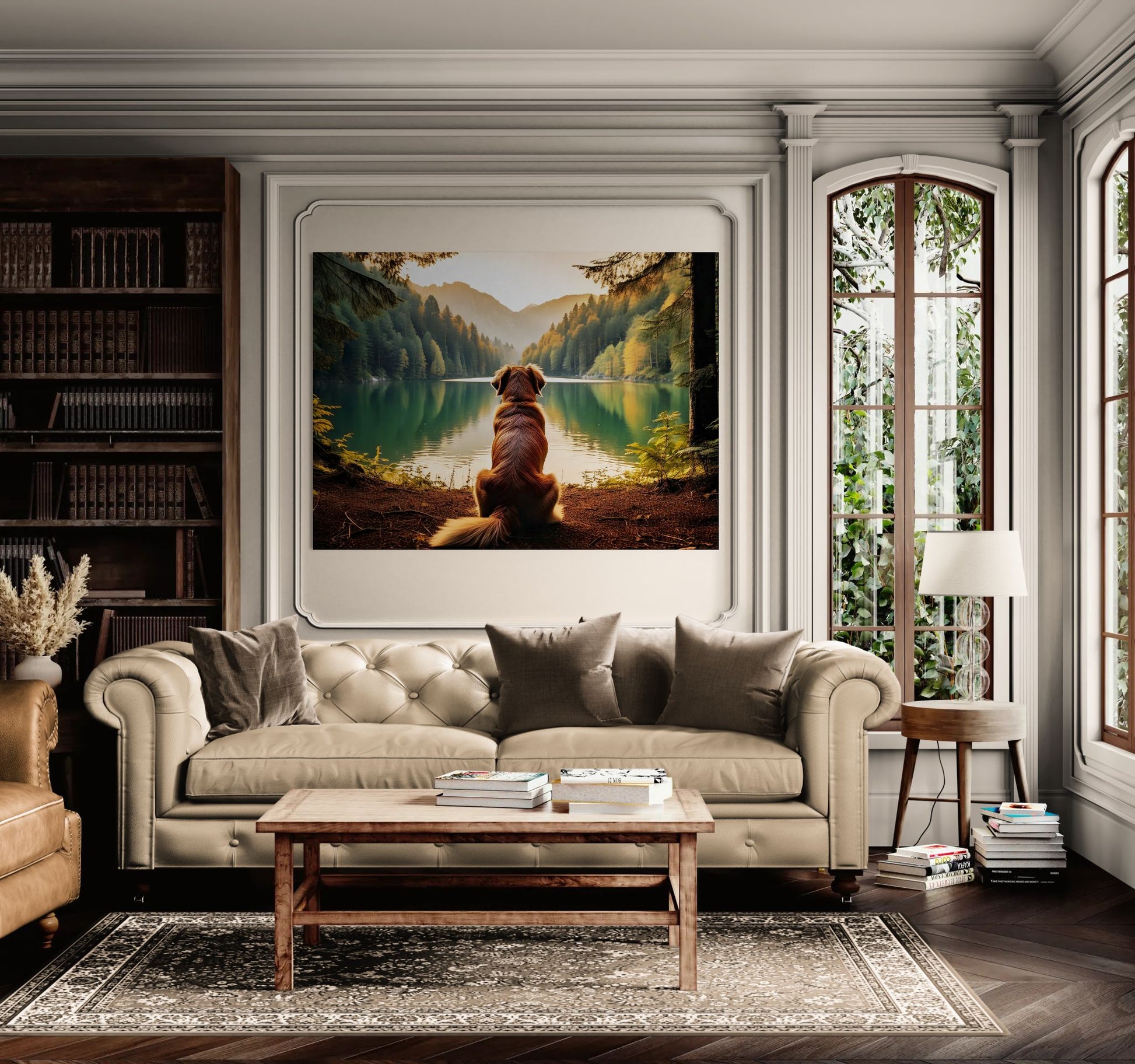 Golden Retriever wall art displayed in a traditional living room with decorative mouldings and elegant sofa