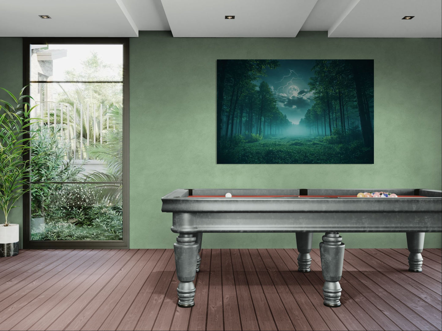 Moonlight forest canvas wall art displayed in a stylish game room with green walls and wooden floors, creating a calm and natural atmosphere.