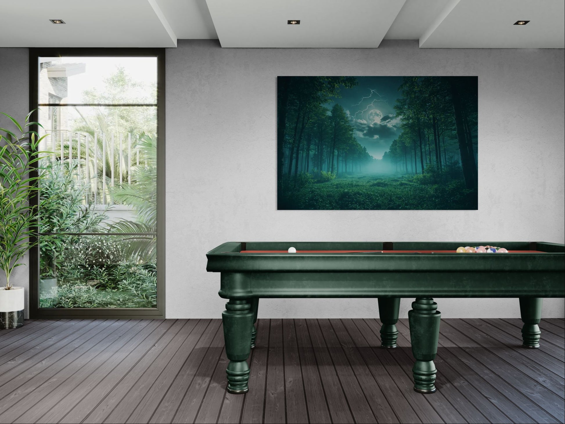 Moonlight forest canvas wall art displayed in a stylish game room with grey walls and wooden floors, creating a calm and natural atmosphere.
