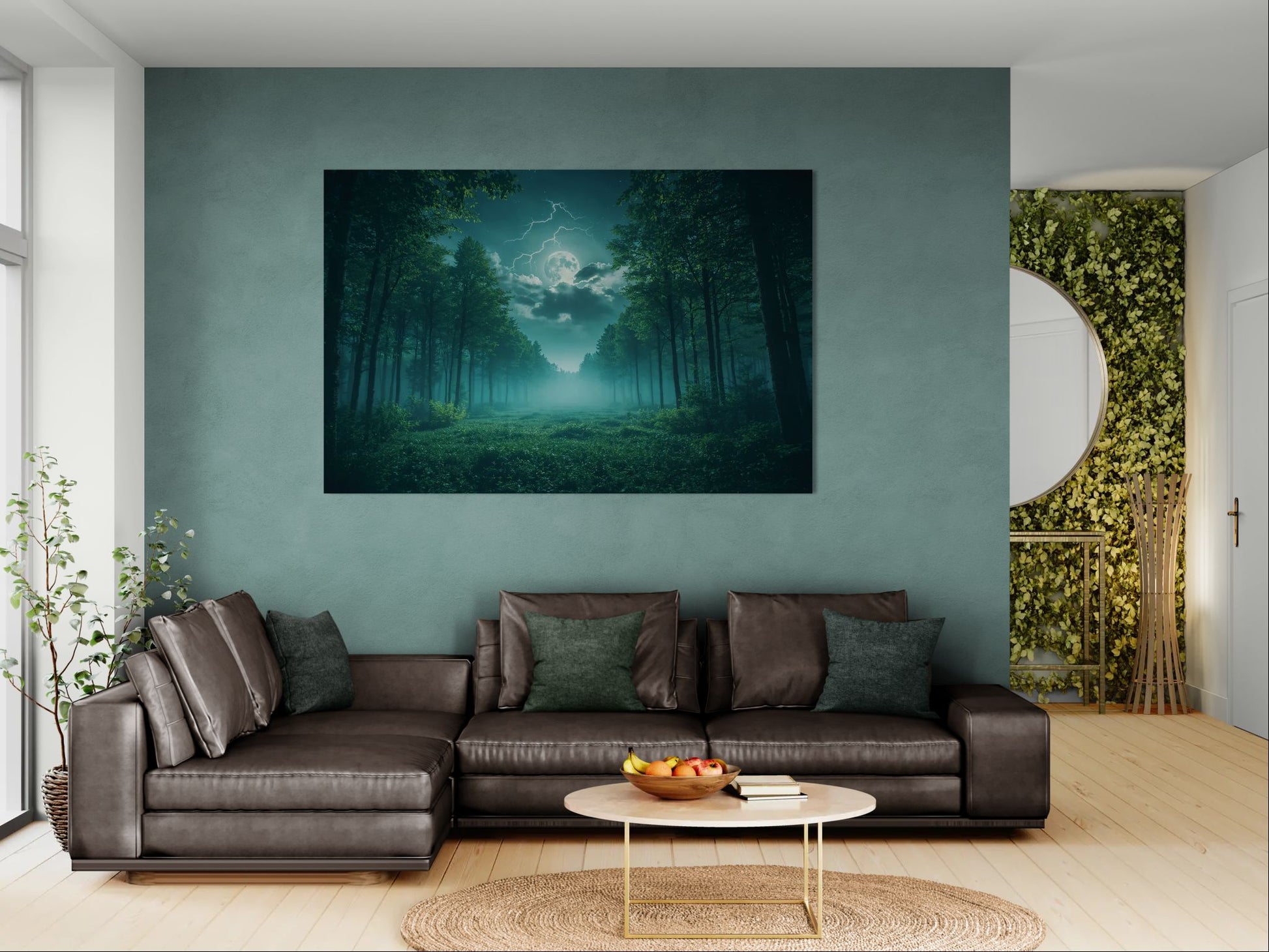 Moonlight Forest canvas wall art hanging above dark brown leather sofa in a cozy modern living room with soft lightning and natural decor.