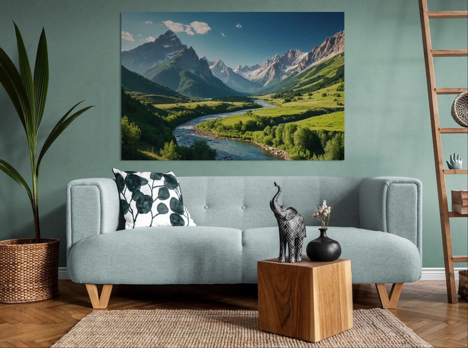 Mountain river valley scenic landscape wall art in a modern living room with light blue sofa and decorative accents.