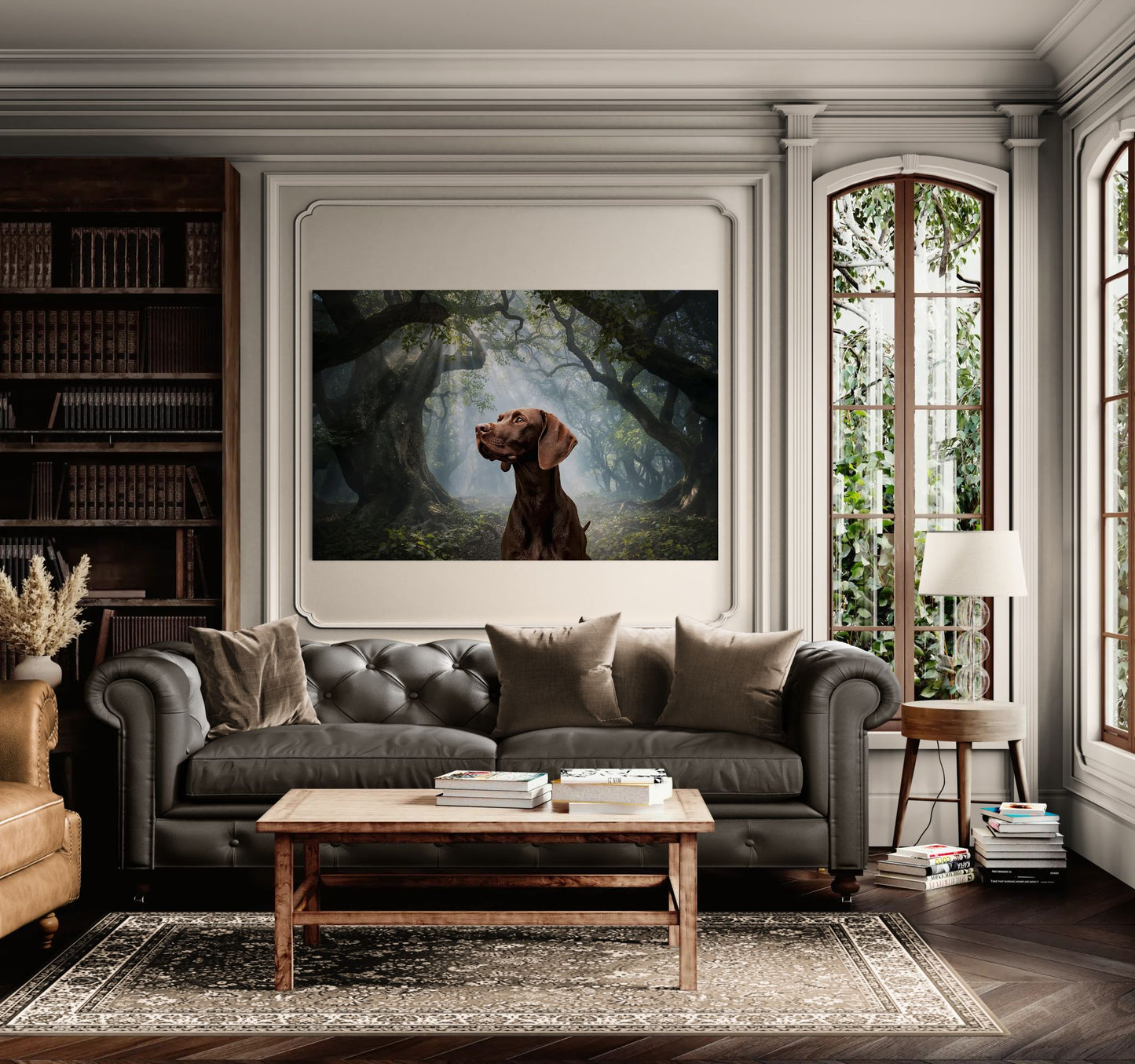 Dog portrait wall art in mystical forest, displayed in elegant traditional living room with sofa and wooden coffee table.