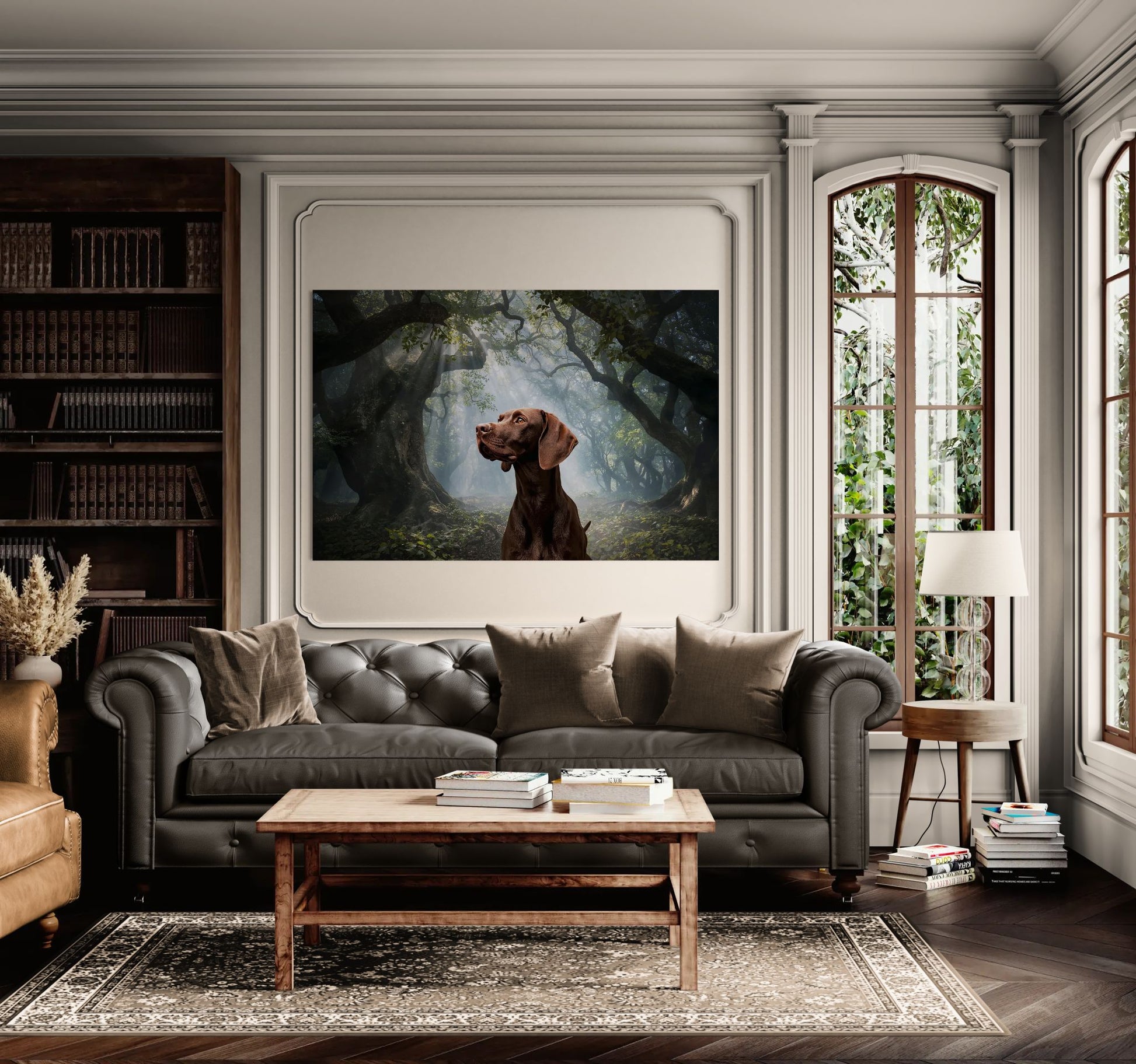 Dog portrait wall art in mystical forest, displayed in elegant traditional living room with sofa and wooden coffee table.
