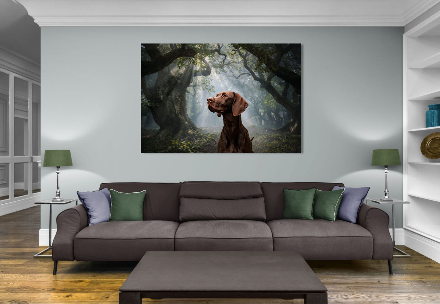 Mystical dog portrait wall art in enchanted forest, displayed in a modern living room with brown sofa and green pillows.