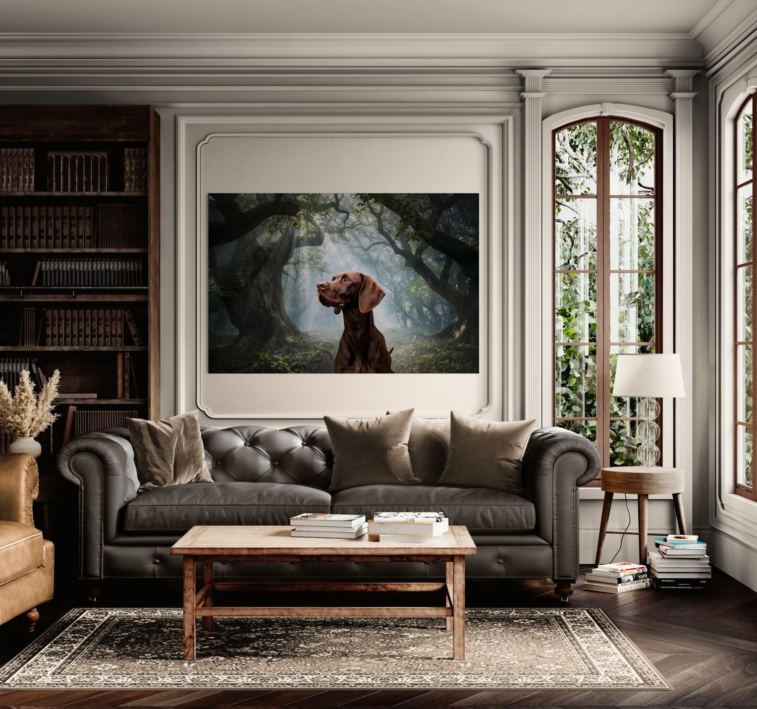 Dog portrait wall art in mystical forest, displayed in elegant traditional living room with sofa and wooden coffee table.