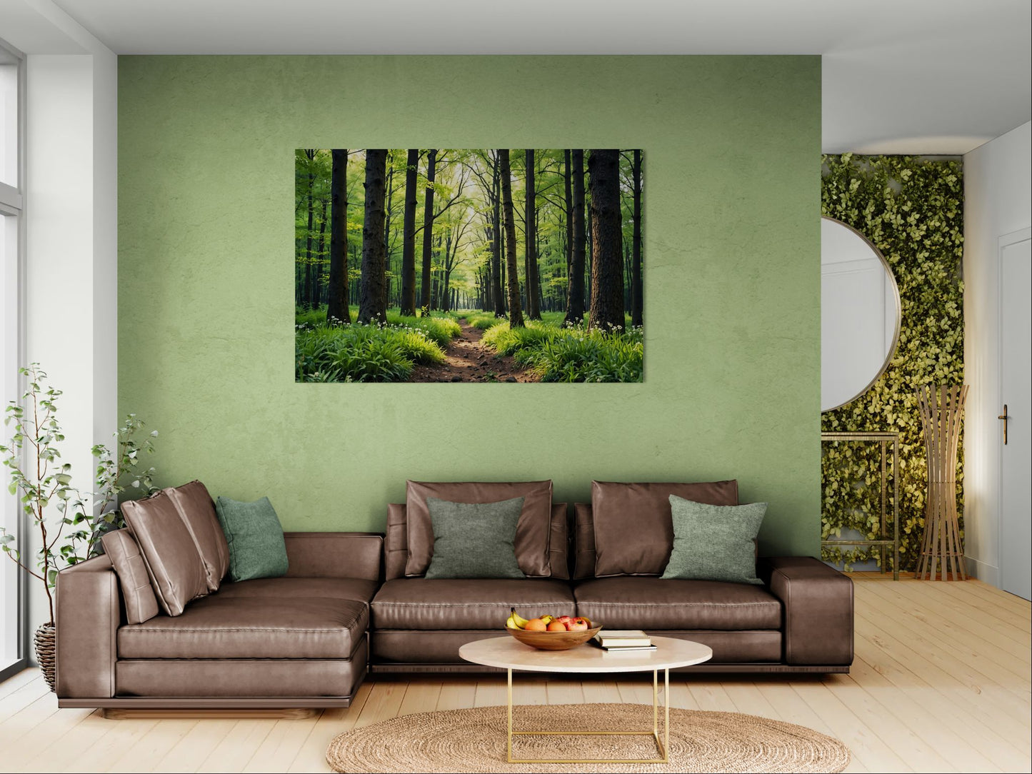 Sunlight forest path wall art displayed in a living room with a brown sofa and green accent wall