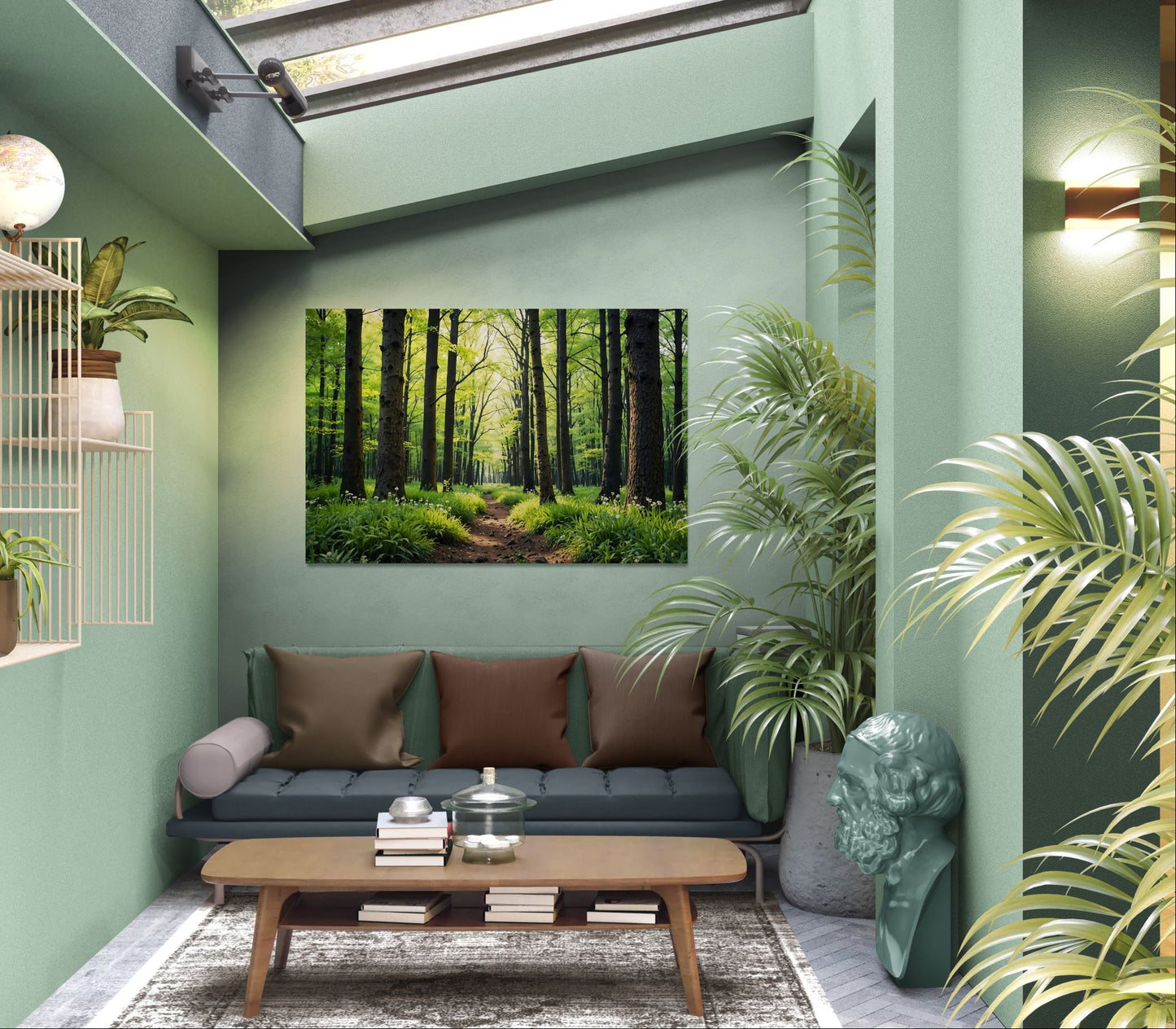 Sunlight forest path wall art displayed in a sun room with a teal sofa and tropical plants