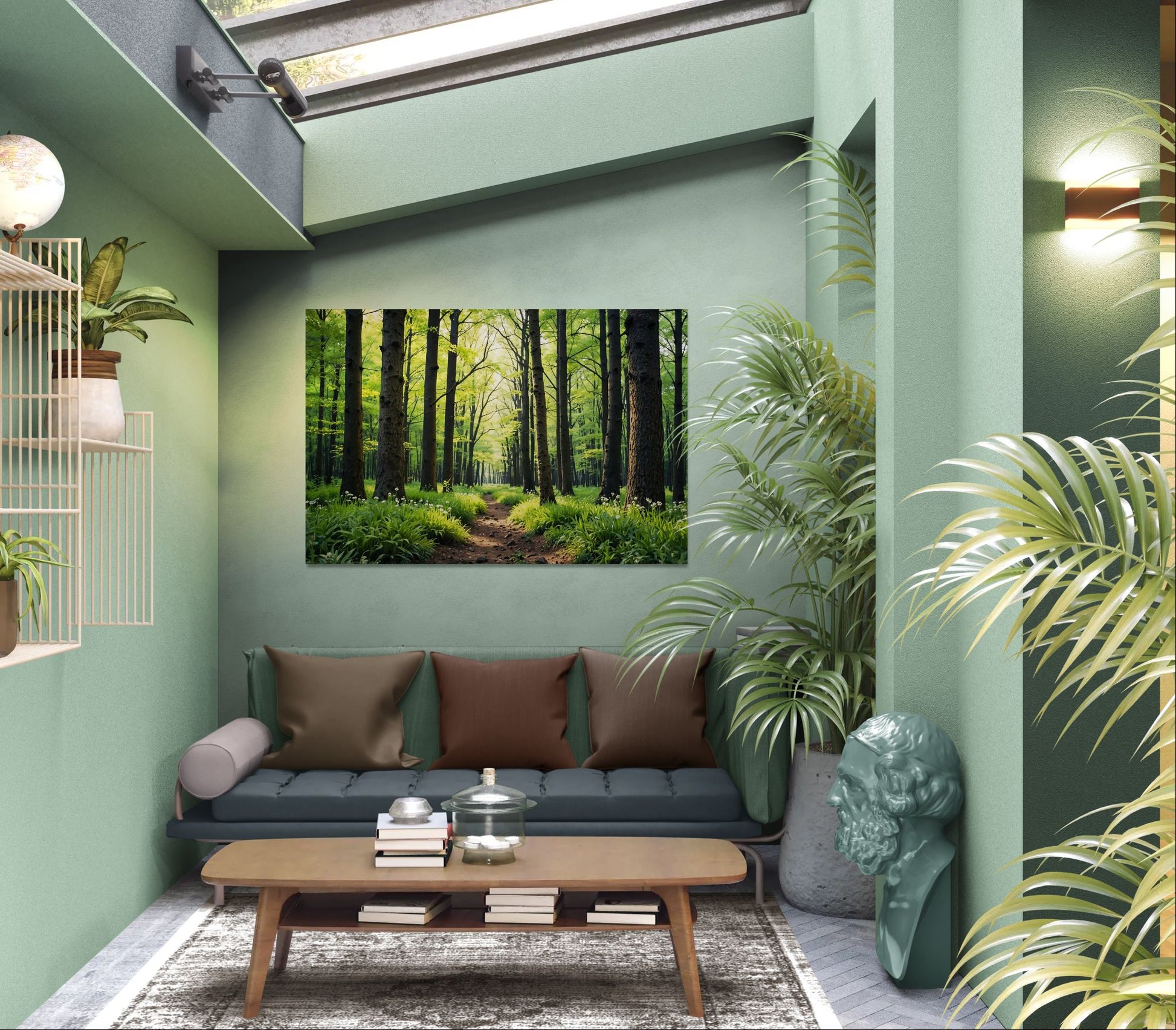 Sunlight forest path wall art displayed in a sun room with a teal sofa and tropical plants