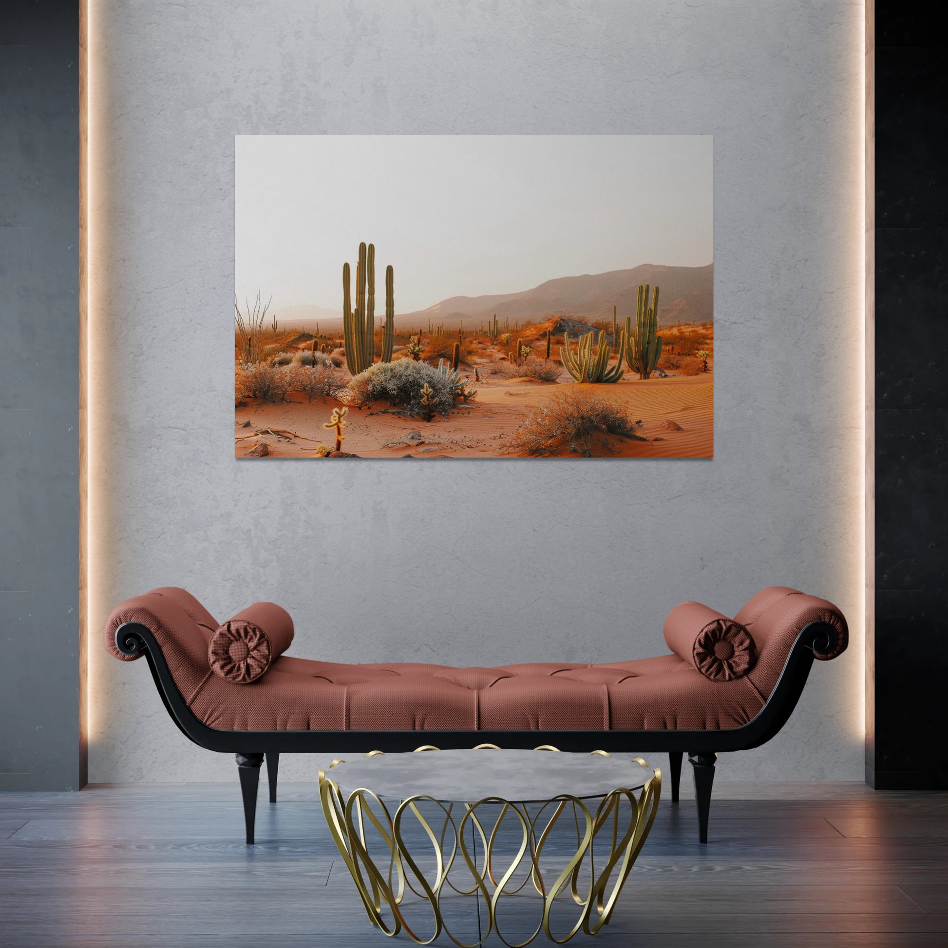 Warm tones desert cactus landscape canvas wall art displayed above stylish brown bench with gold coffee table in modern interior