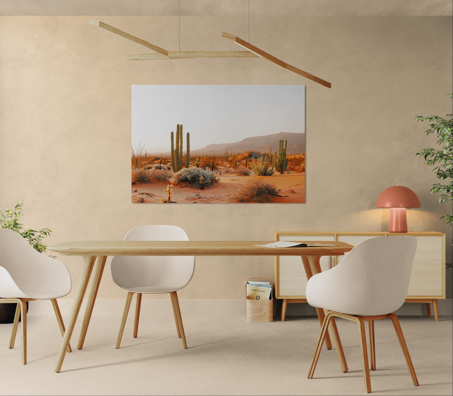 Warm tones desert wall art in modern dining room with light wood furniture and minimalist decor