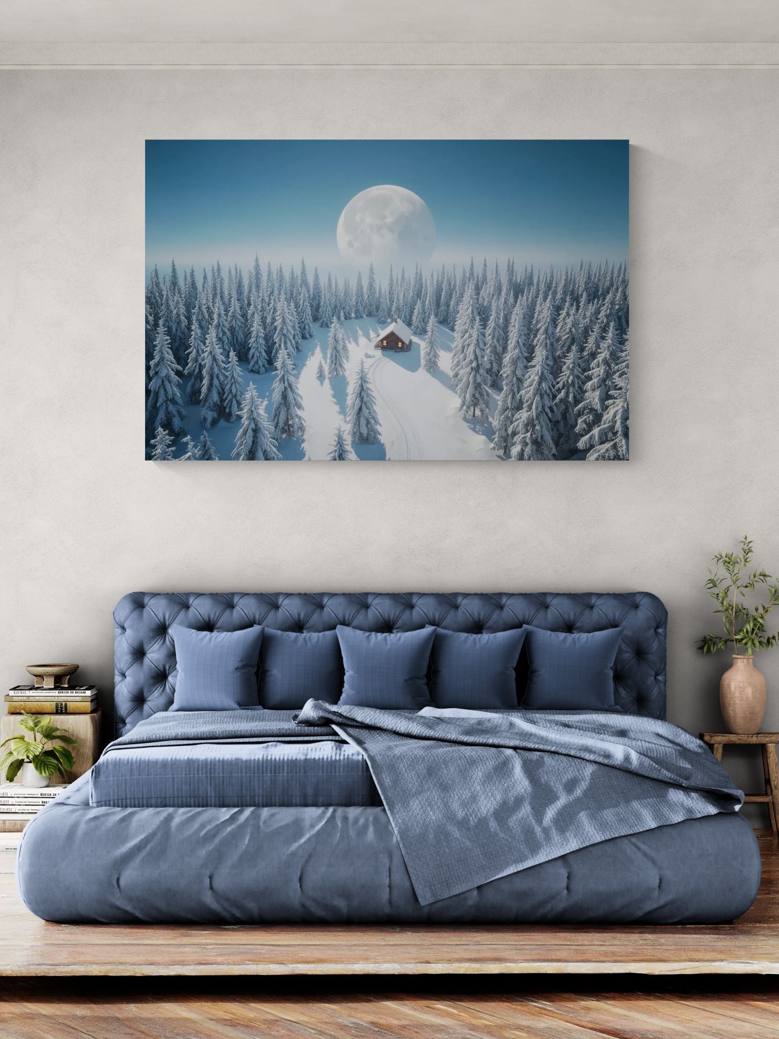 Winter cabin canvas wall art displayed above bed in a calm bedroom interior