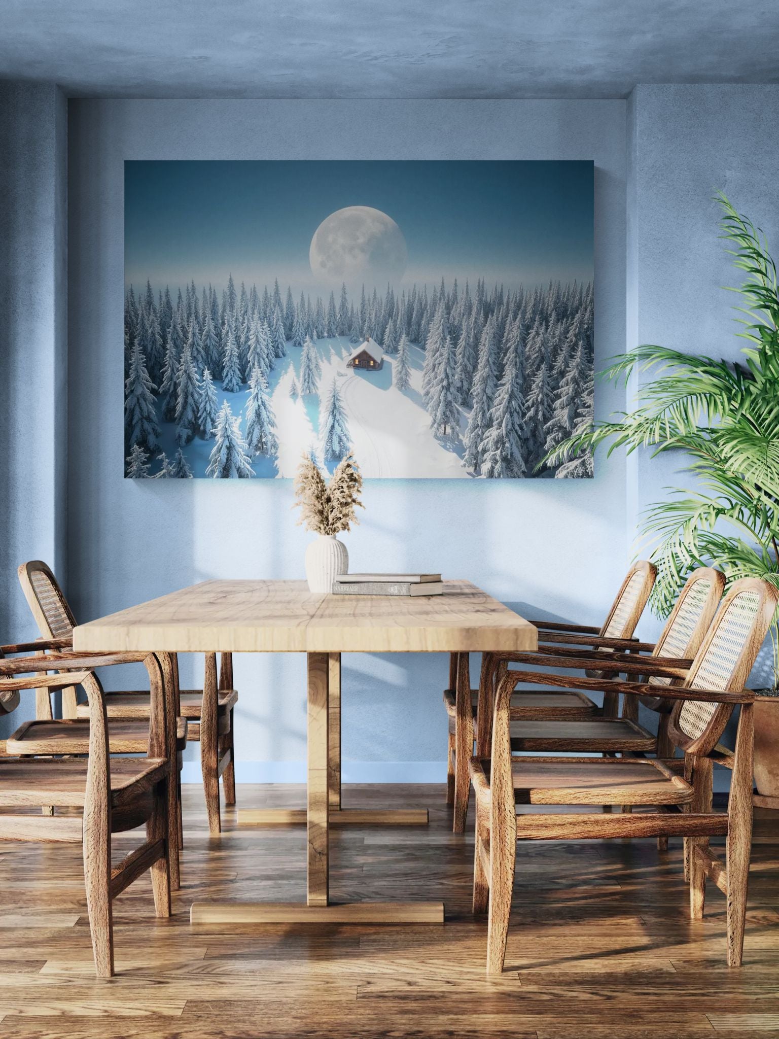 winter cabin canvas wall art displayed in a calm dining room interior