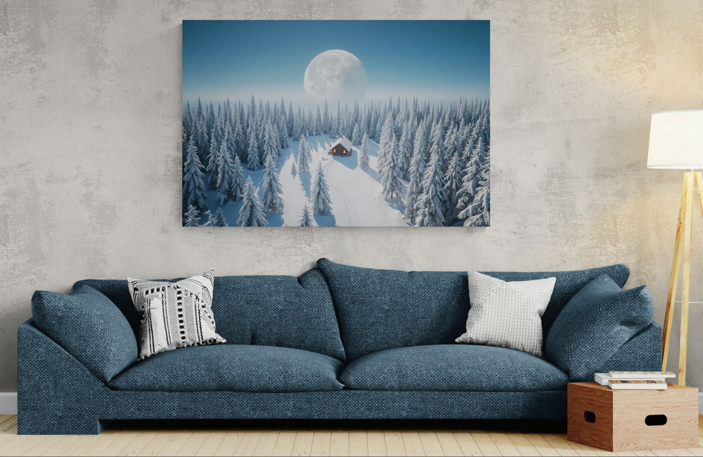 Winter cabin canvas wall art displayed in a modern living room interior