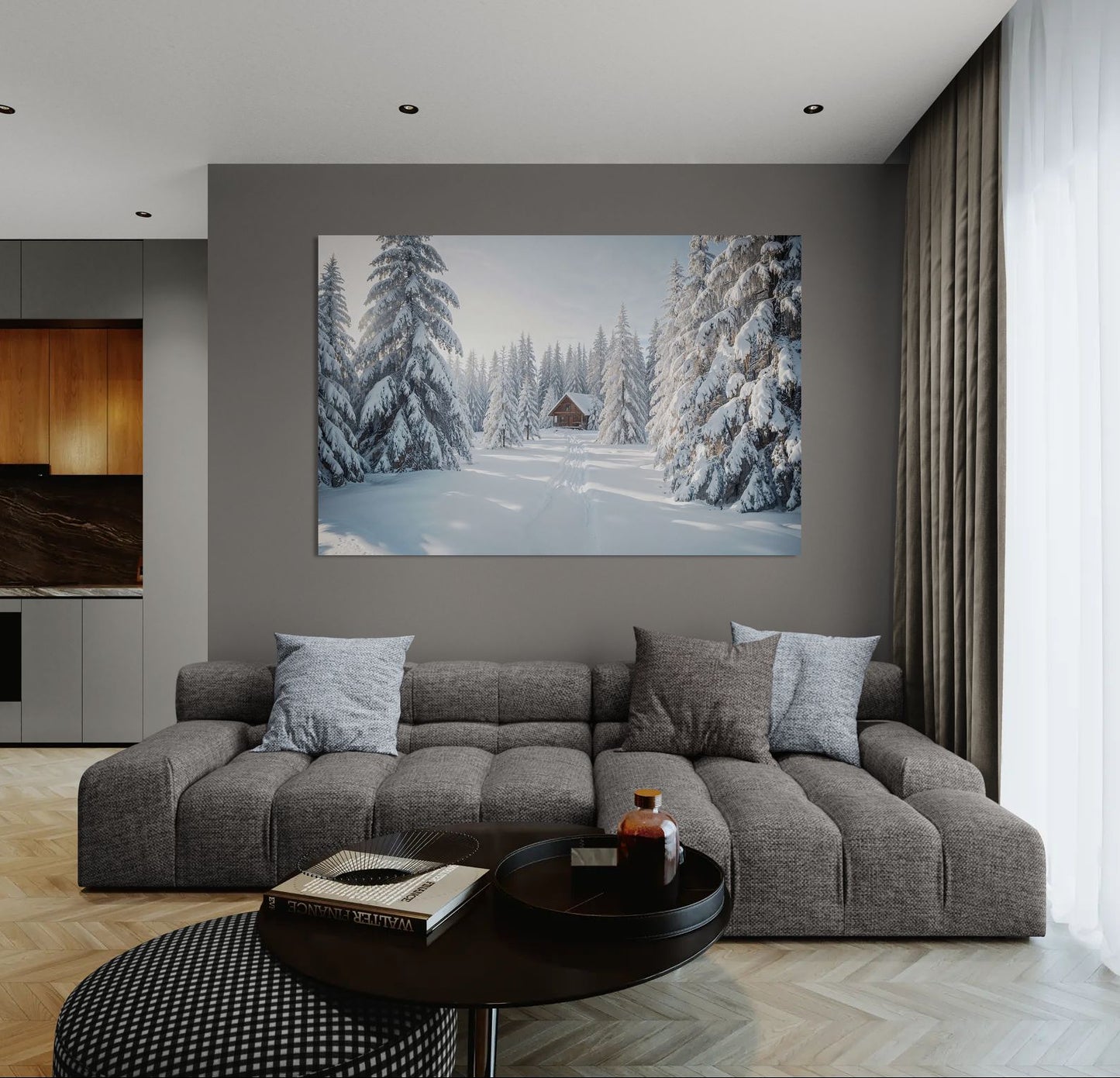 Winter cabin canvas wall art displayed in a modern living room with grey sofa and minimalist decor