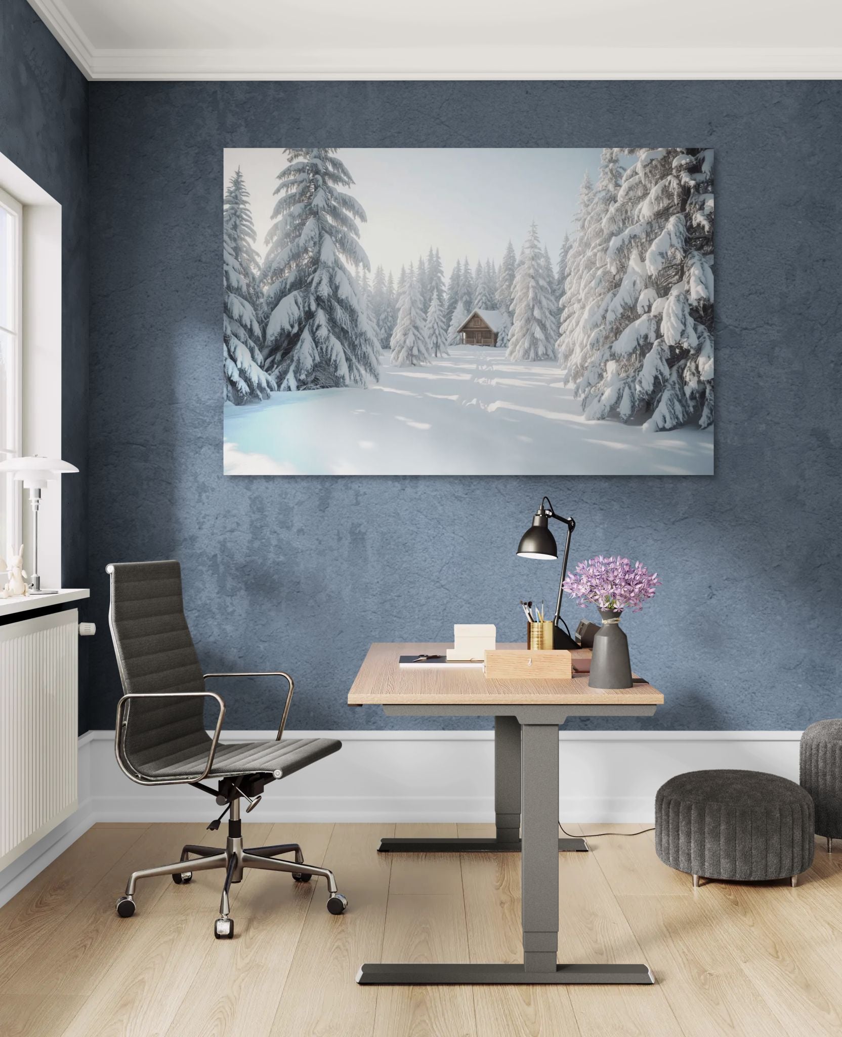 Winter cabin canvas wall art displayed in a modern home office with blue wall and wooden desk, fine art print by True Home Arts