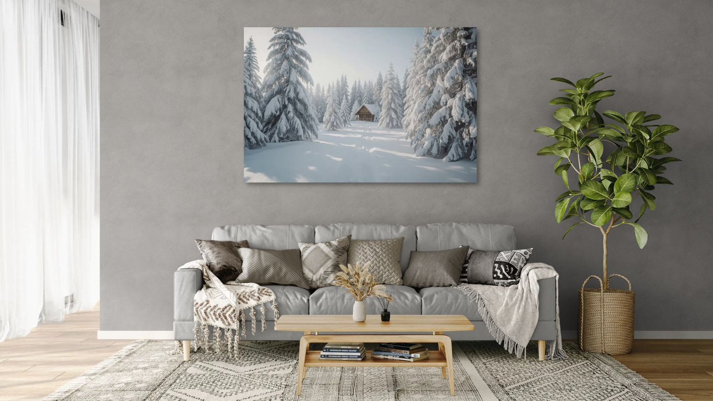 Winter cabin wall art displayed in a modern living room with grey sofa and natural decor, fine art print by True Home Arts