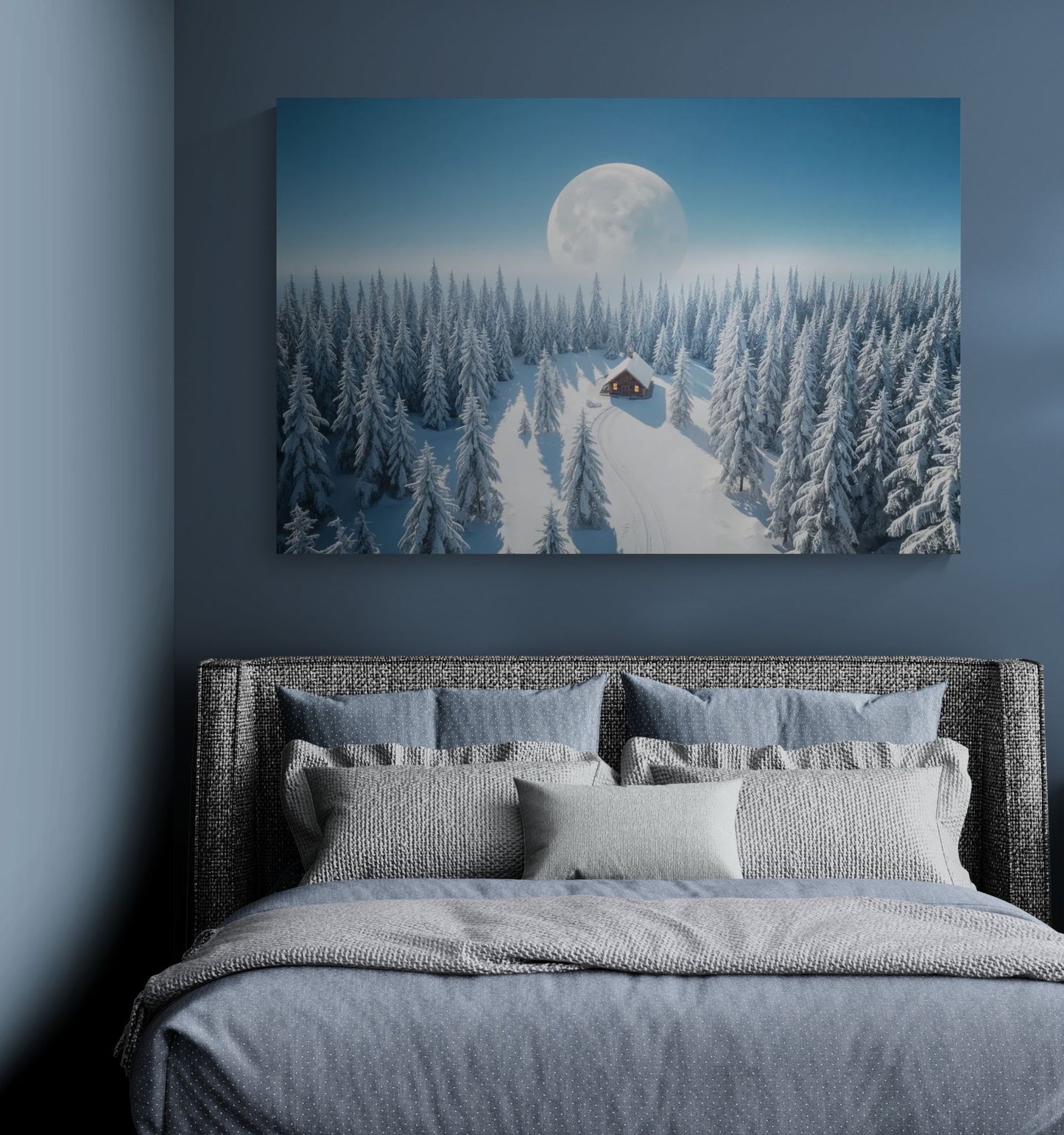 winter cabin canvas wall art displayed above bed in a modern bedroom interior