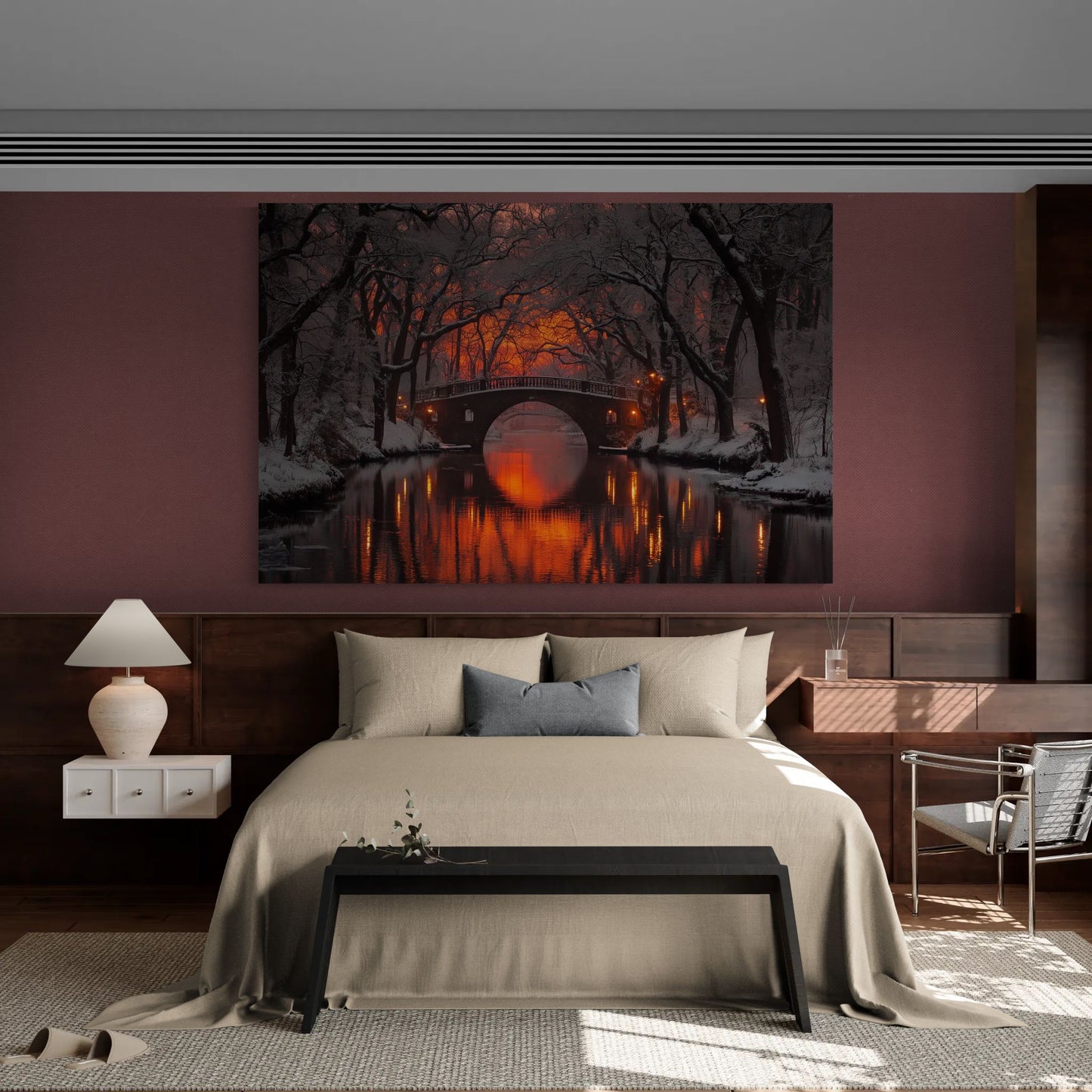 winter canvas wall art featuring a glowing ridge reflected in water, displayed above a bed in a cozy modern bedroom.